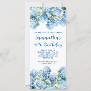 Invitación Watercolor Blue Hydrangea 50 cumpleaños