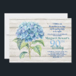 Invitación Watercolor Blue Hydrangea 90 cumpleaños<br><div class="desc">Bonito acuarela azul hidrangea flor 90 cumpleaños invitación. Una flor hidrato de acuarela de bonito sobre un fondo blanco de madera lavada. La parte posterior tiene las palabras enmarcadas por un marco floral de horangea. Perfecto para el cumpleaños 90 de cualquier mujer. Sin embargo, puede cambiar la redacción a cualquier...</div>