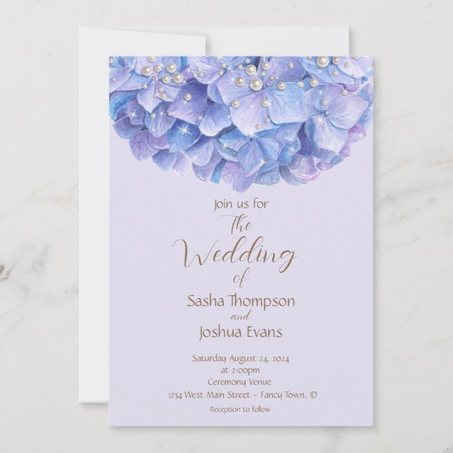 Invitación Watercolor Blue Hydrangea Pearl (Anverso)
