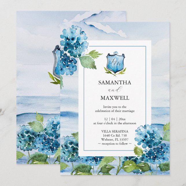 Invitación Watercolor Blue Hydrangea Wedding Invitation (Anverso / Reverso)