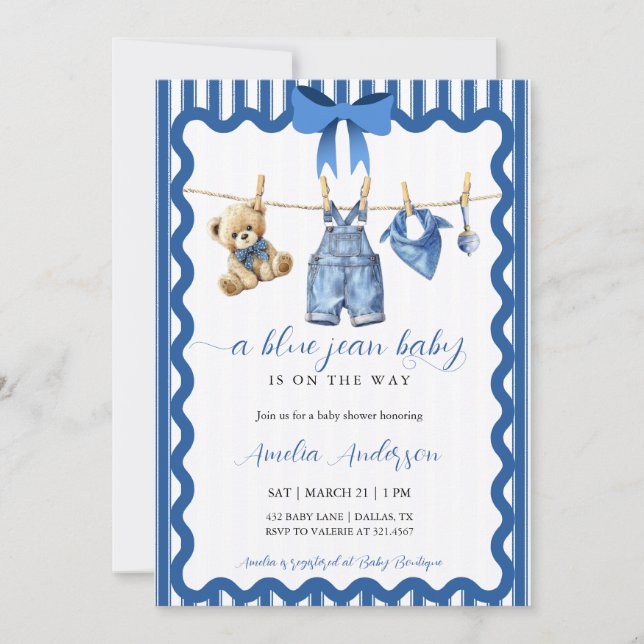 Invitación Watercolor Blue Jean Baby Clothesline Baby Shower (Anverso)