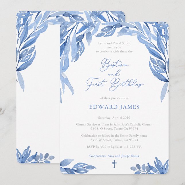 Invitación Watercolor Blue Leaves Boy Baptism 1er cumpleaños (Anverso / Reverso)