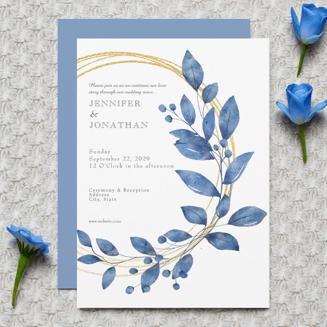 Invitación Watercolor Blue Leaves Gold Wedding Invitation (Subido por el creador)