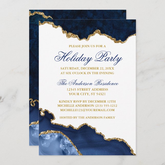 Invitación Watercolor Blue Marble Geode Gold Holiday (Anverso / Reverso)