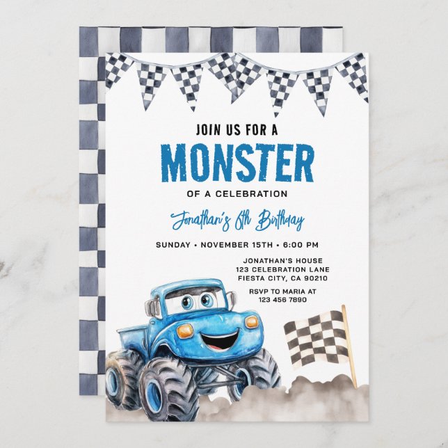 Invitación Watercolor Blue Monster Truck Birthday Race Party (Anverso / Reverso)