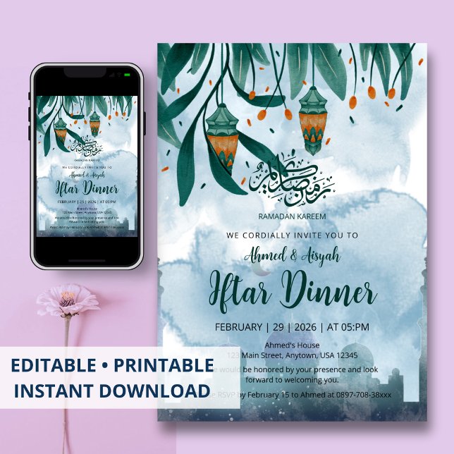 Invitación Watercolor Blue Mosque & Lanterns Iftar Dinner (Subido por el creador)