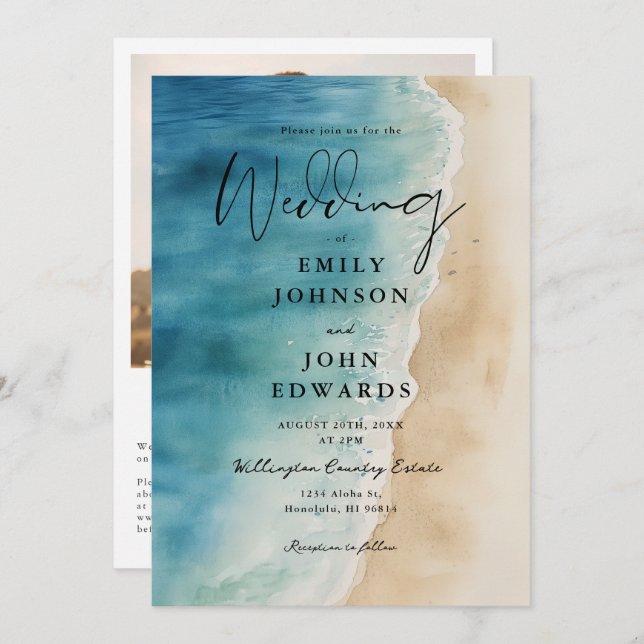 Invitación Watercolor Blue Ocean Beach Photo QR Code Boda (Anverso / Reverso)