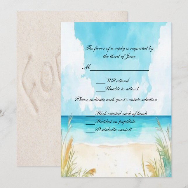 Invitación Watercolor Blue Ocean Beach Wedding RSVP (Anverso / Reverso)