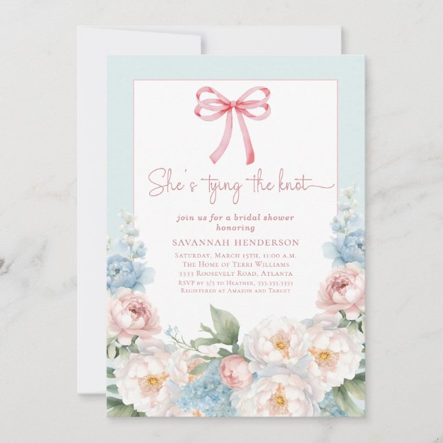 Invitación Watercolor Blue Pink Floral Bow Bridal Shower (Anverso)