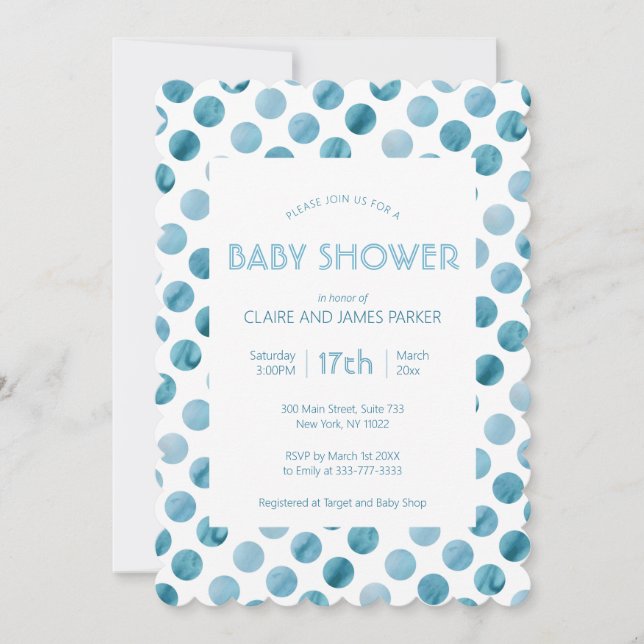 Invitación Watercolor Blue Polka Dot Cute Baby Shower (Anverso)
