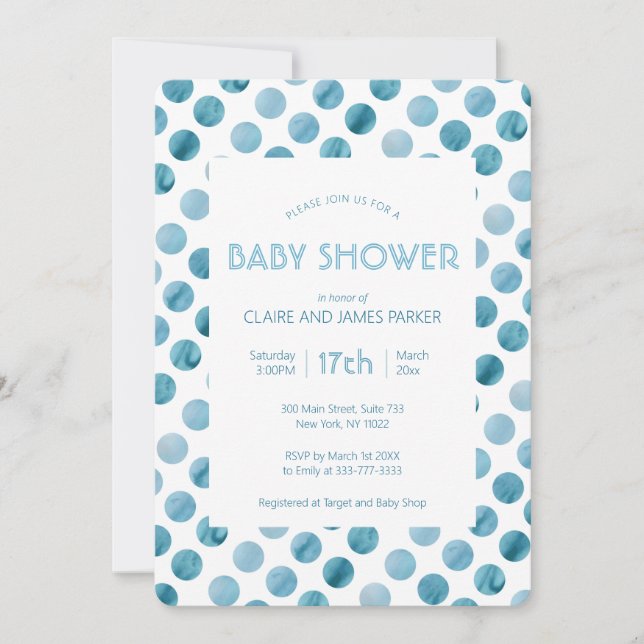 Invitación Watercolor Blue Polka Dot Cute Baby Shower (Anverso)
