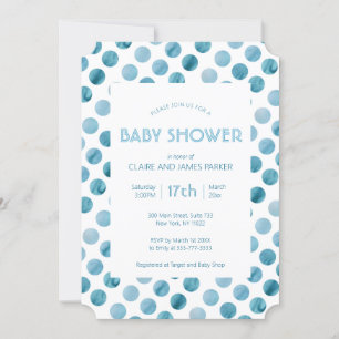 Invitación Watercolor Blue Polka Dot Cute Baby Shower