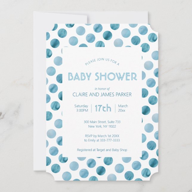 Invitación Watercolor Blue Polka Dot Cute Baby Shower (Anverso)