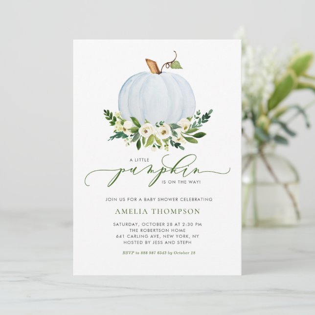 Invitación Watercolor Blue Pumpkin Floral Baby Shower (Anverso de pie)
