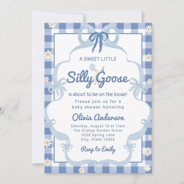 Invitación watercolor blue Silly Goose Gingham Ribbon girl (Anverso)