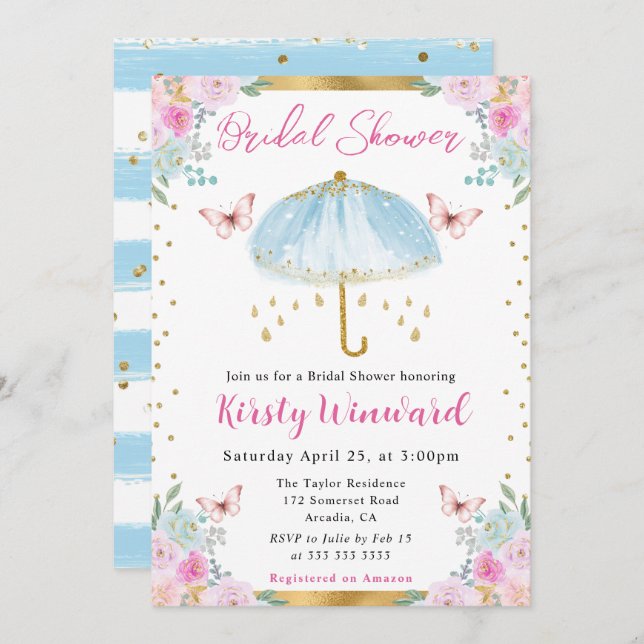 Invitación Watercolor Blue Spring Umbrella Brilla Shower (Anverso / Reverso)