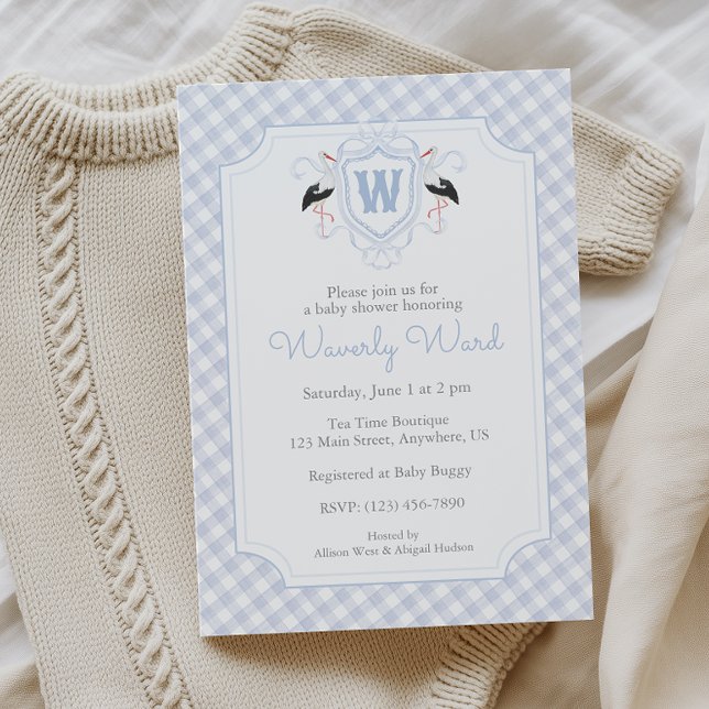 Invitación Watercolor Blue Stork Monogram Crest Baby Shower (Subido por el creador)