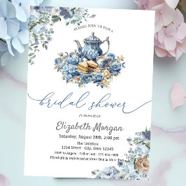 Invitación Watercolor Blue Teapot Floral Baby Shower