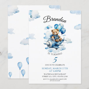Invitación Watercolor Blue Teddy Bear Airplane 5 cumpleaños