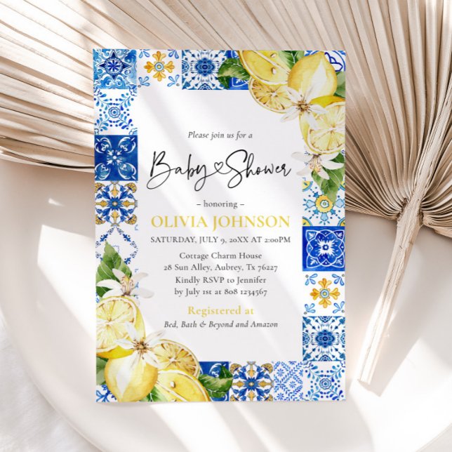 Invitación Watercolor Blue Tiles Lemons Baby Shower italiano (Subido por el creador)