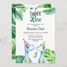 Watercolor Blue Trex Greenery Kids Tercer cumpleañ