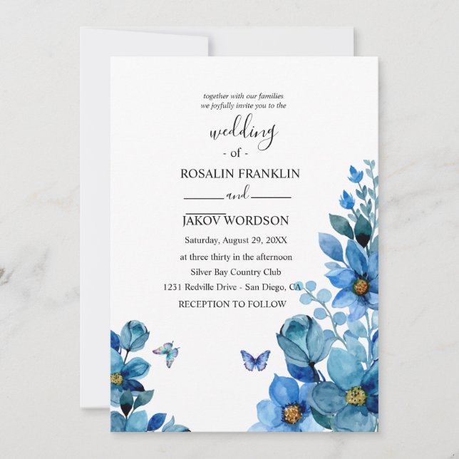 Invitación watercolor blue wedding Invitation (Anverso)