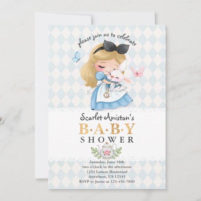 Invitación Watercolor Blue Wonderland Chica Baby Shower (Anverso)