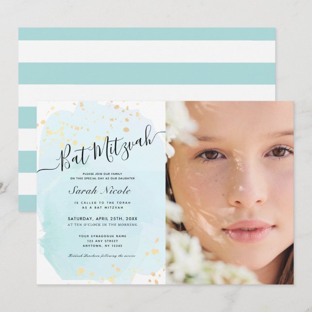 Invitación Watercolor Blue x Gold Photo Bat Mitzvah (Anverso / Reverso)