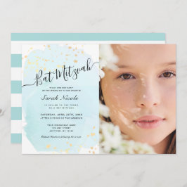 Invitación Watercolor Blue x Gold Photo Bat Mitzvah