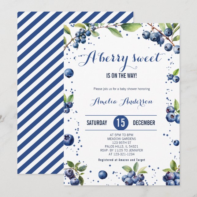 Invitación Watercolor Blueberry a Sweet Berry Boy Baby Shower (Anverso / Reverso)