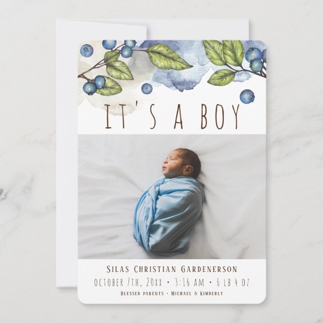 Invitación Watercolor Blueberry Boy (Anverso)