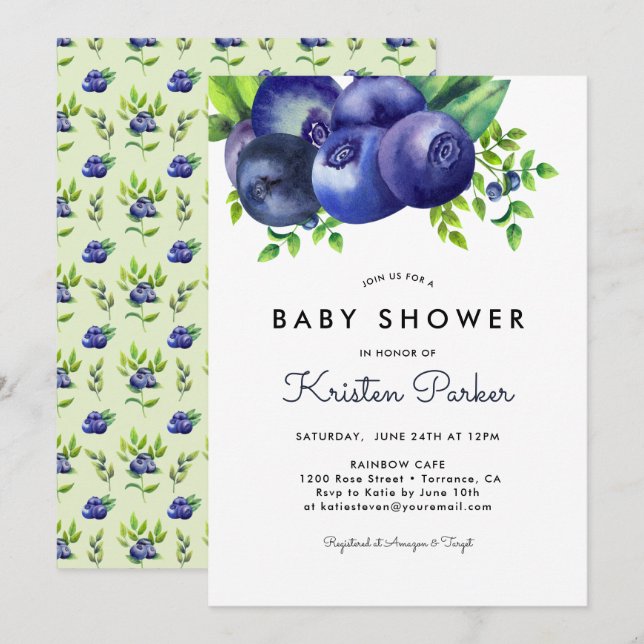 Invitación Watercolor Blueberry Boy Baby Shower (Anverso / Reverso)