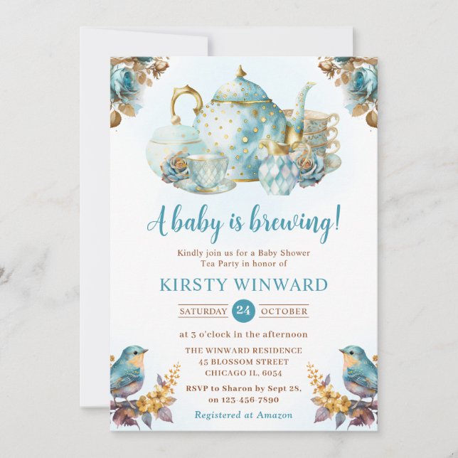Invitación Watercolor Blueberry Tea Fiesta Baby Shower (Anverso)