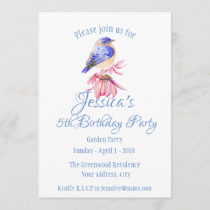 Invitación Watercolor Bluebird Bird Pink Flower Garden