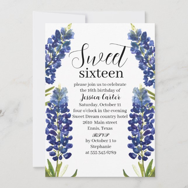 Invitación Watercolor Bluebonnets Wildflower Sweet 16 Diecisé (Anverso)