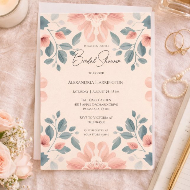 Invitación Watercolor Blush and Green Floral Bridal Shower  (Subido por el creador)