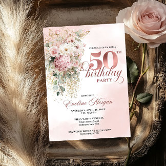 Invitación Watercolor Blush Florals Greenery 50th Birthday 
