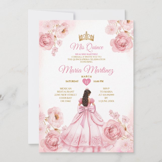 Invitación Watercolor Blush Pink Ribbon Bows Mis Quince (Anverso)