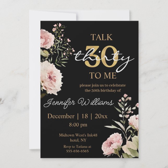Invitación watercolor blush pink roses 30th birthday black (Anverso)