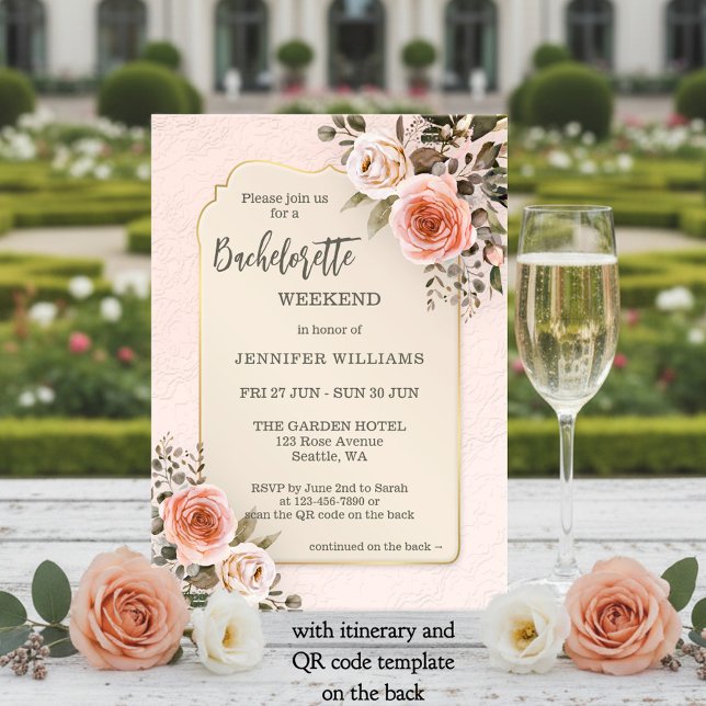 Invitación Watercolor Blush Pink Roses Bachelorette Weekend (Bachelorette weekend itinerary invitation featuring blush pink watercolor roses on retro chic)