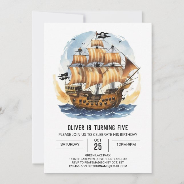 Invitación Watercolor Boat Treasure Map Pirate Birday (Anverso)