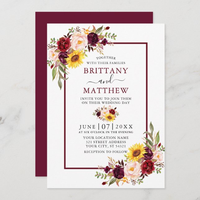 Invitación Watercolor Boda Floral Mezclado Marco Borgoñoso (Anverso / Reverso)