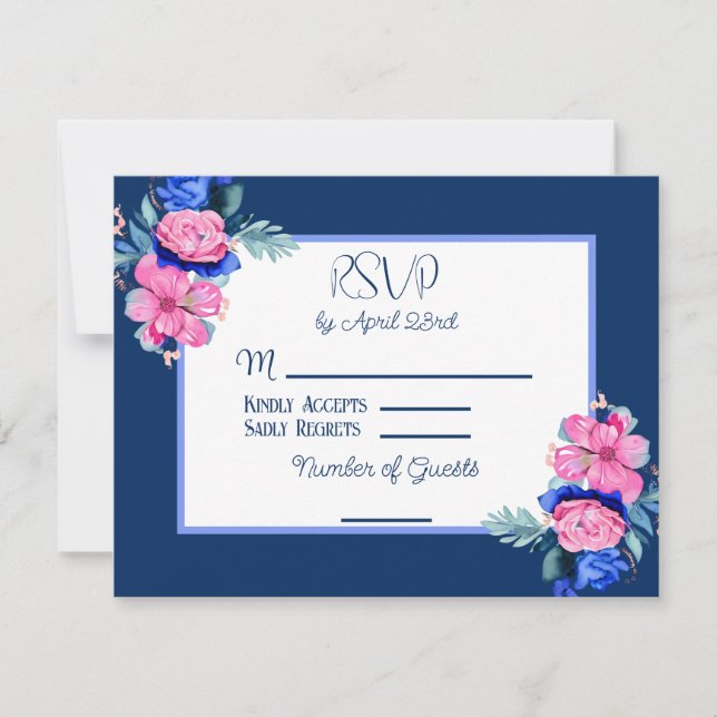 Invitación Watercolor Boda floral rosa y azul RSVP (Anverso)