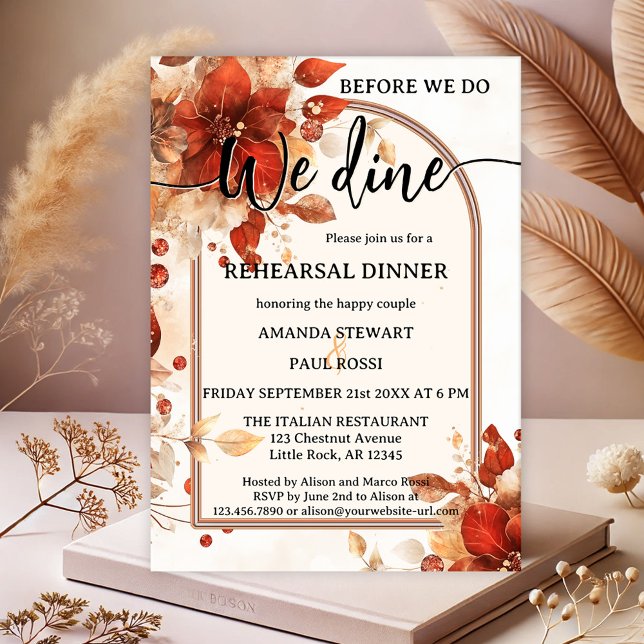Invitación Watercolor Boda italiano Ensayo Cena (Italian red flowers watercolor wedding rehearsal dinner invitation with script text)