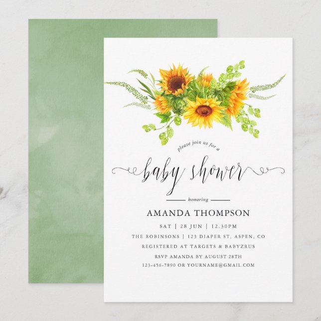 Invitación Watercolor Bohemian Boho Sunflowers Baby Shower (Anverso / Reverso)
