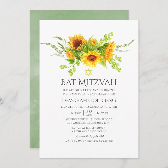 Invitación Watercolor Bohemian Boho Sunflowers Bat Mitzvah (Anverso / Reverso)