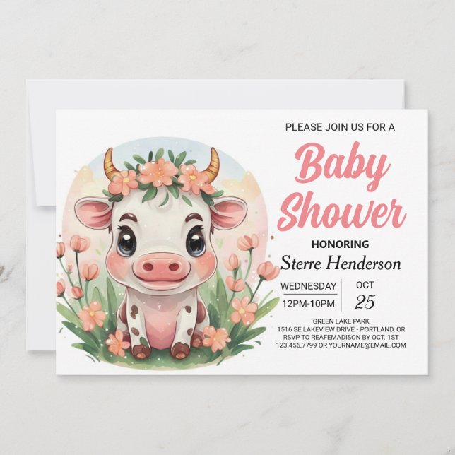 Invitación Watercolor Bohemian Farm Cow Baby Shower (Anverso)