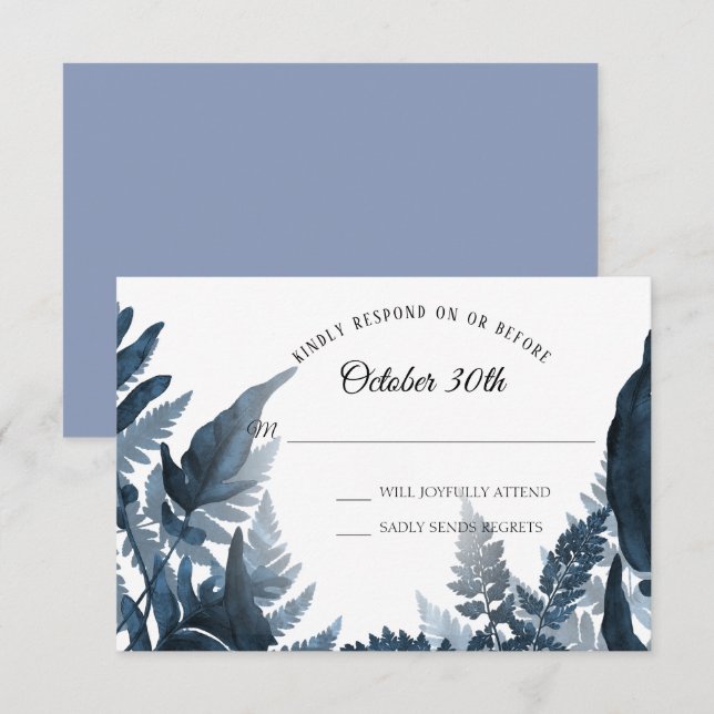 Invitación Watercolor Boho Azul Foliage Foliage moderno RSVP (Anverso / Reverso)