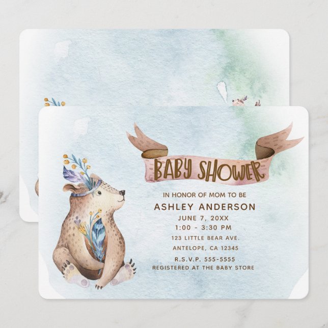 Invitación Watercolor Boho Bear Rustic Animals Baby Shower (Anverso / Reverso)