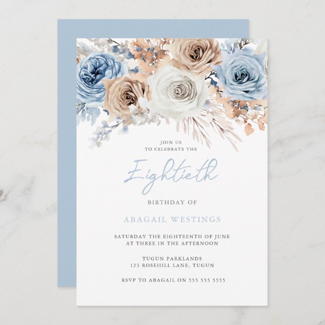 Invitación Watercolor Boho Blue Floral 80 cumpleaños (Anverso / Reverso)